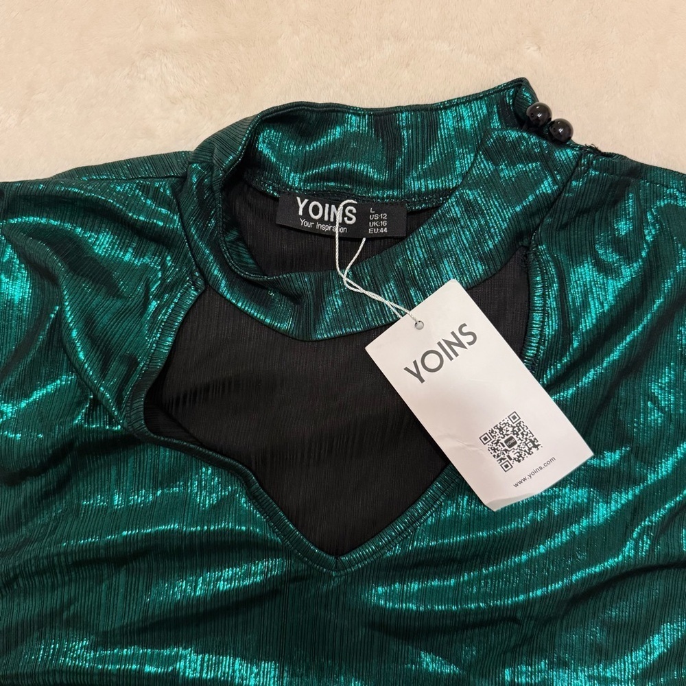 YOINS Metallic Teal Blouse Large - Picture 3 of 8